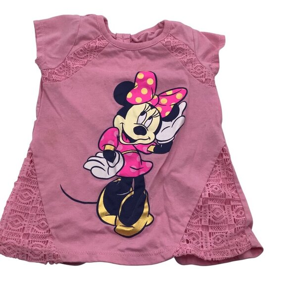 Disney Minnie Mouse Toddler Pink Shirt Lace Accents Size 4T Short Sleeve Cotton - Picture 1 of 11